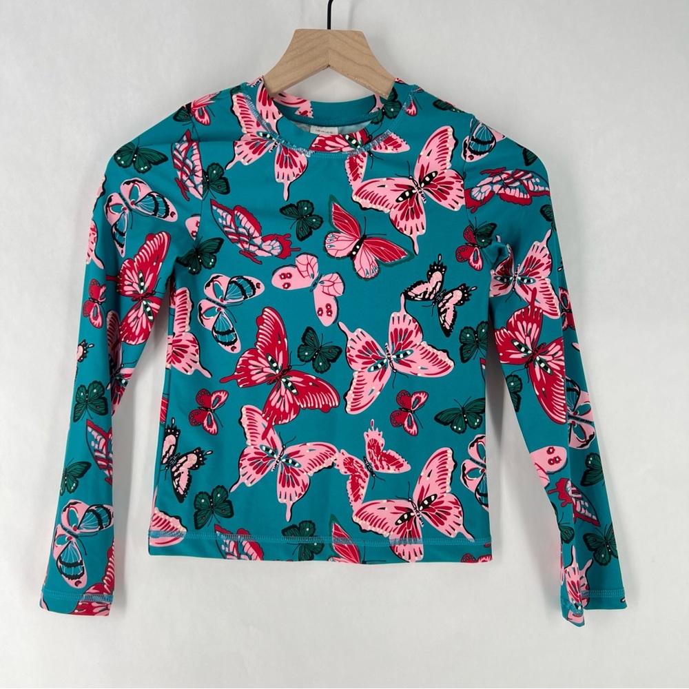 Hanna‎ Andersson Teal Pink Butterfly Long Sleeve Quick Dry Rash Guard Girls 10